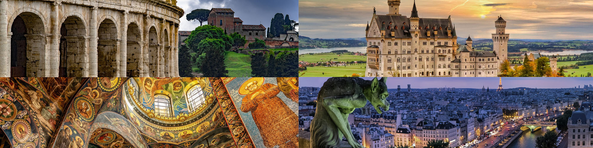 top left: Colosseum, Italy; top right: Neuschwanstein castle, bottom left: ceiling of the Church of All Saints, Russia; bottom right: Paris at night